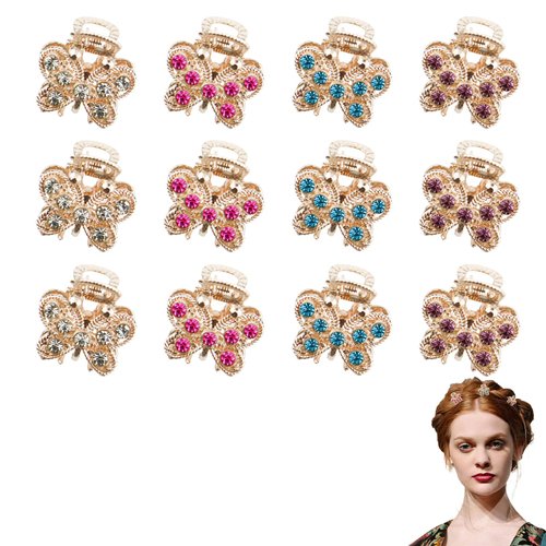 12 PACK Rhinestone Mini Butterfly Hair Claws Clips Crystal Metal No slip Hair Grip Clamps for Women Girls Hair Pins Mixed Color