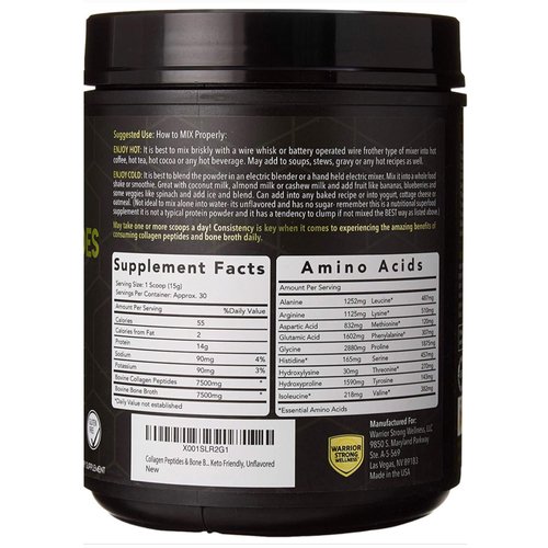 Warrior Strong Wellness Premium Collagen Peptides Bone Broth: Grass Fed Hydrolyzed Collagen Boost for Healthy Skin, Nails, Hair, Joints, Muscles, Bones, Digestion, Keto Friendly, Unflavored