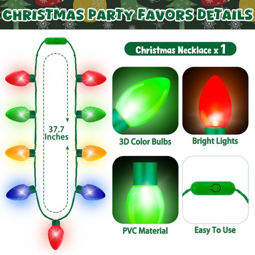 Blowata Christmas Party Favors, 3PCS Light Up Christmas Necklace Headband Glasses Set, Xmas Bulb Necklace Christmas Tree Lights Holiday Headbands LED Flashing Santa Eyeglasses Bulk for Christmas Gift