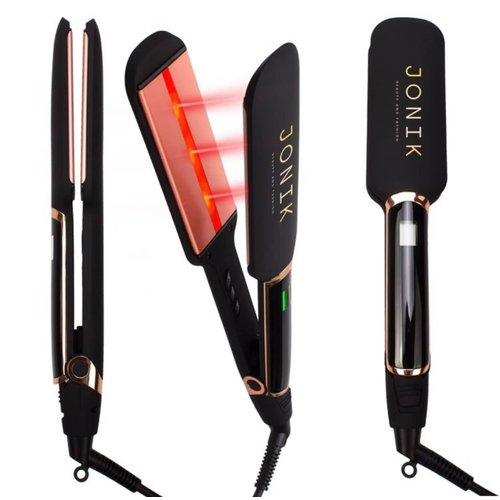 Professional Hair Straightener and Curler by JONIK BEAUTY AND FASHION. Infrared Technology, Ceramic Tourmaline-Coated Plates Flat Iron. Black Rubber Finish!