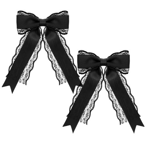 Giantree 2 Pcs Black Lace Hair Bow Clips for Women, Cute Lace Hair Bows Clips with Long Tail Ribbon for Wedding Halloween Gothic Dress Decor Accessories Gift
