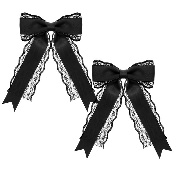 Giantree 2 Pcs Black Lace Hair Bow Clips for Women, Cute Lace Hair Bows Clips with Long Tail Ribbon for Wedding Halloween Gothic Dress Decor Accessories Gift
