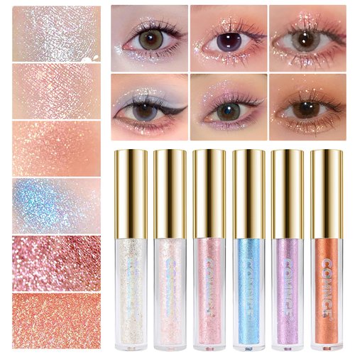 6pcs Glitter Liquid Eyeshadow - Long Lasting, Multicolored, Silkworm Highlight Super Shiny Makeup, Sparkling, Beginner-friendly shimmer and Blendable Eyeshadow, Glitter Eyeliner Makeup for Party