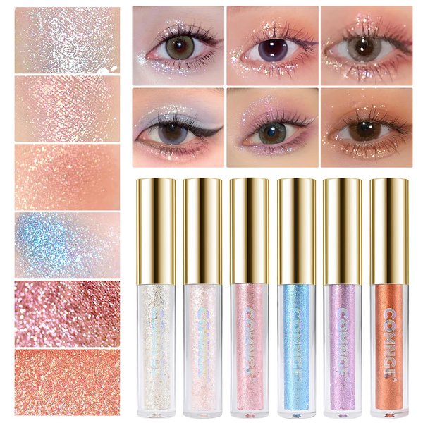 6pcs Glitter Liquid Eyeshadow - Long Lasting, Multicolored, Silkworm Highlight Super Shiny Makeup, Sparkling, Beginner-friendly shimmer and Blendable Eyeshadow, Glitter Eyeliner Makeup for Party