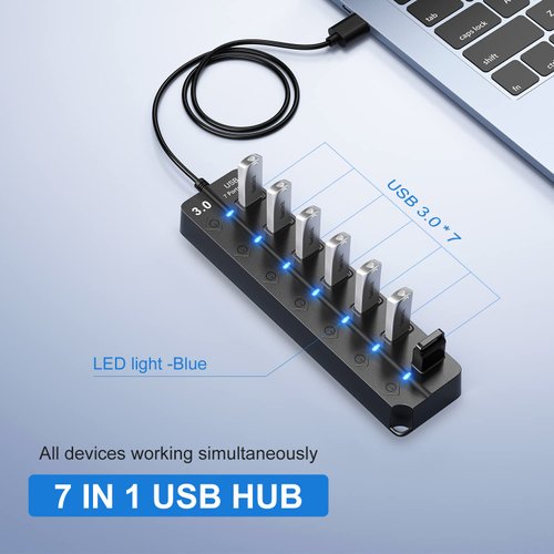 ONFINIO USB Hub 3.0, 7-Port USB Hub Splitter with Individual On/Off Switches and Lights, 3.2ft/1m Long Cable Compatible with MacBook, Laptop, Surface Pro, PS4, PC, Flash Drive, Mobile HDD