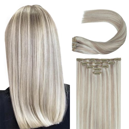 Clip in Human Hair Extensions Ash Blonde Highlighted Platinum Blonde 18 Inch 60G 5 PCS Clip on Ha...