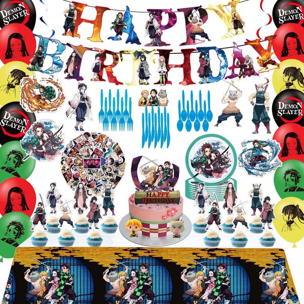 WOOACME Birthday Party Supplies, 139pcs Party Decorations Include Stickers, Banner, Plates, Knives, Tablecloth for Kids Anime Theme Party