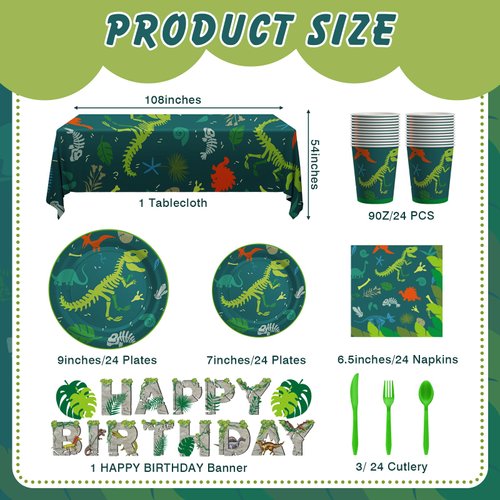 Cecnamt Dinosaur Birthday Decorations, 170 Pcs Dinosaur Party Supplies, Dinosaur Party Decorations Including Banner, Plates, Cups, Napkins, Cutlery and Tablecloths, Serves 24