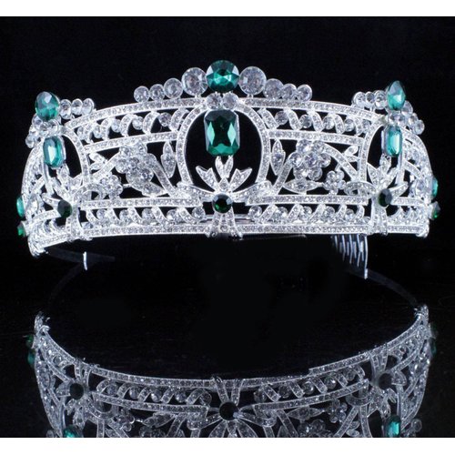 Emerald Green Clear White Austrian Rhinestone Crystal Tiara With Hair Combs Crown Veil Headpiece Costume Party Queen Princess Bridal Prom Silver T813