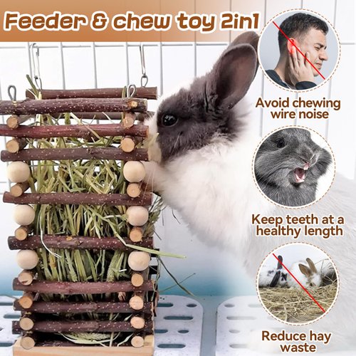 Hanging Apple Wood Rabbit Hay Feeder- Wooden Grass Shelf with 2 Hooks Biting Resistant Small Animals Feeding Hay Manager for Chinchilla Bunny Guinea Pig Hamster Gerbil Holiday Presents