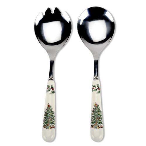 Spode Christmas Tree Set of 2 Salad Servers | 10 Inch Salad Serving Set | Made from Stainless Steel and Earthenware | Dishwasher Safe