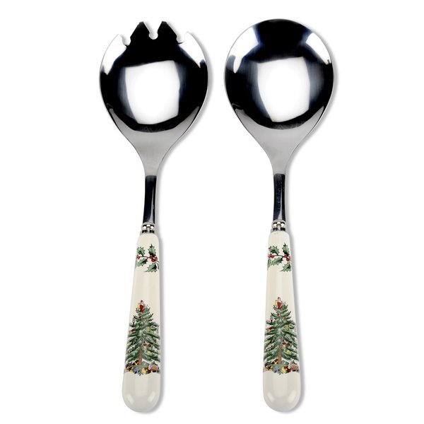 Spode Christmas Tree Set of 2 Salad Servers | 10 Inch Salad Serving Set | Made from Stainless Steel and Earthenware | Dishwasher Safe