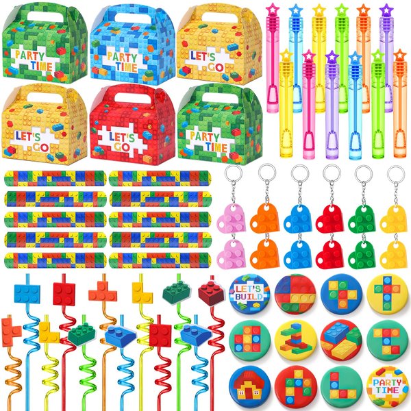 SNLN Building Blocks Party Favors Birthday Supplies for Kids, Gift Box Straw Mini Bubble Wand Button Pin Slap Bracelet Keychain, Goody Bag Stuffer Filler Girls Boys Game Carnival Classroom Prize Decor