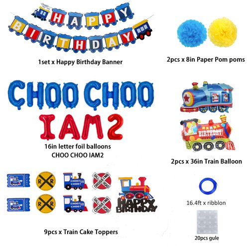 Train 2nd Birthday Party Decorations Supplies for 2 Year Old Boy - Choo Choo Im Two Balloons Happy Birthday Banner for Chugga Chugga Two Two Railroad Party Decorations 2nd Birthday Party Supplies