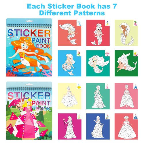 2PCS Crafts for Kids Ages 4-8 Sticker Paint Number Sticker Book Mermaid and Princess Stickers for Girls Birthday Halloween Christmas Party Favors Road Plane Travel Daycare Activity