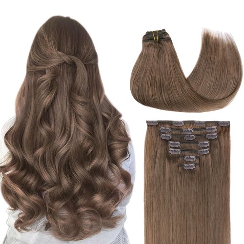 GOO GOO Clip in Hair Extensions Real Human Hair, 16inch 120g 7Pcs, 5 Light Ash Brown, Remy Human Hair Extensions Clip ins for Women, Natural Human Hair
