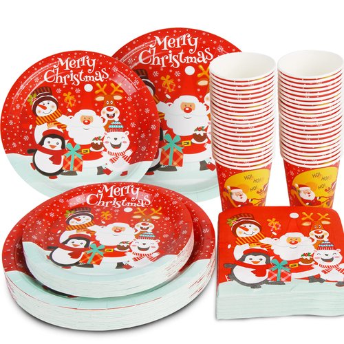CCINEE Christmas Party Supplies Paper Plates, 96pcs Table Decorations Christmas Disposable Dinnerware Set Includes Paper Plates Napkins Cup Serves 24 for Xmas Holiday Party Supplies
