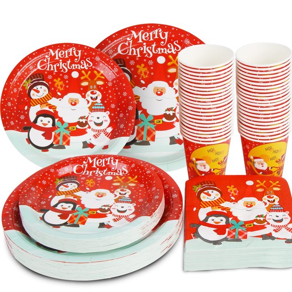 CCINEE Christmas Party Supplies Paper Plates, 96pcs Table Decorations Christmas Disposable Dinnerware Set Includes Paper Plates Napkins Cup Serves 24 for Xmas Holiday Party Supplies