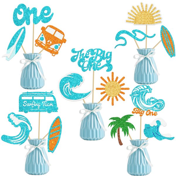 18pcs Glitter Summer Surfing Centerpiece Sticks Surfing 1st Birthday Party Decorations The Big One Party Surf Surfboard Theme Party Table Toppers for Surfer First Birthday Party Supplies