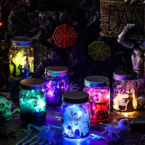 Liliful 6 Set DIY Lantern Jar Halloween Crafts Kit for Kids, LED Fairy Jar Halloween Decorations Include 500ml Jar with Light Spider Web Sticker Accessories for Garden Horror Lamp Party Supplies
