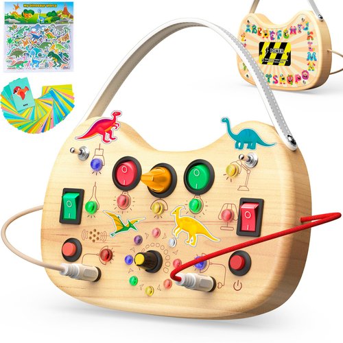 UdoUto Montessori Busy Board for Toddlers 1-3, Wooden Busy Board with LED Light, Switch Board Car Ride Airplane Travel Toys, Christmas Birthday Gifts for 1 2 3 Year Old Boys Girls