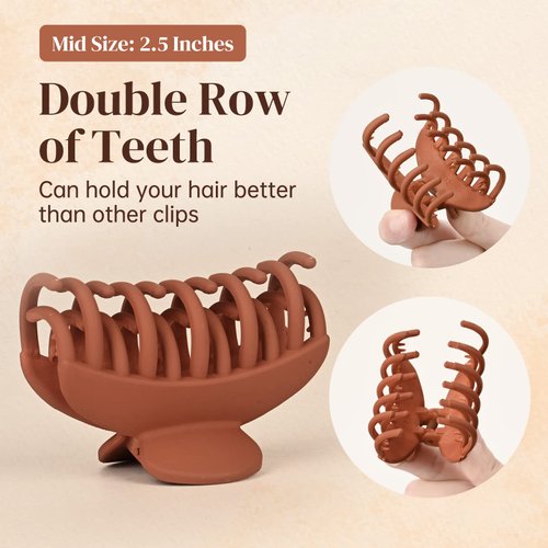 DEEKA 4 PCS Double Row Teeth Hair Claw Clips 2.5" Medium Hair Clips for Thin Hair Small Matte Clips Short Fine Hair Accessories for Women and Girls -Black Brown