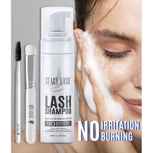 STACY LASH Eyelash Extension Shampoo + Brush /3.38 fl.oz/100ml / Eyelid & Eyebrow Foaming Cleanser/Wash for Extensions & Natural Lashes/Safe Makeup Remover/Supplies for Professional & Home Use