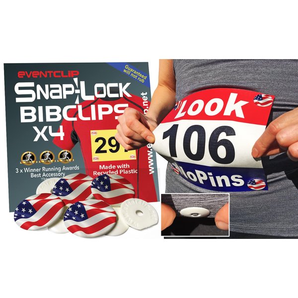 EventClip US Flag Snap-Lock BibClips Made with Recycled Plastic. Fed up with Safety Pins?.. for securing Running and Cycling Numbers, far Better Than Magnets and far Less Packaging.