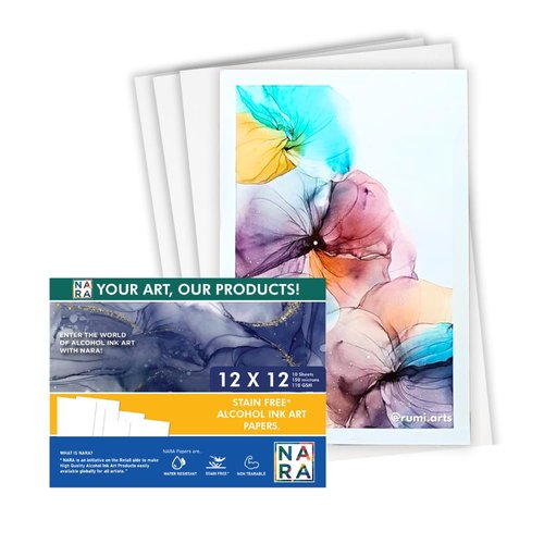 NARA Alcohol Ink Paper | White | 12 inches x 12 inches (12”x12”) | 150 microns/110 GSM | Medium Paper | 10 Sheets | Paper for Alcohol Ink Art Painting | 100% Stain-Free