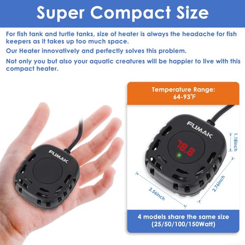 FUMAK Mini Aquarium Heater Adjustable 25W Submersible Fish Tank Heater with LED Digital Display, Turtle Tank Heater Small Aquarium Heater, Ideal for 2-5 Gallons Tanks