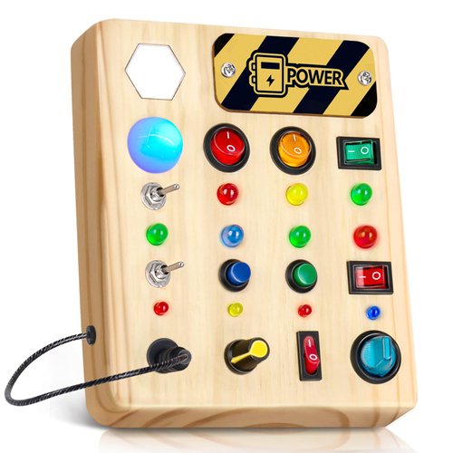 HONGDDY Busy Board Montessori Toys for Toddler, Wooden Sensory Board Switch Toy with Shape Sorter LED Light Up Travel Toys Educational Plane Travel Activity for Girls & Boys Gifts