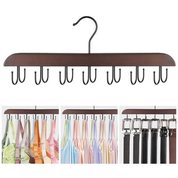 Mkono Bra Hangers for Closet Organizer Space Saving Hangers with 14 Hooks for Tank Top, Belt, Sports Bra, Ties, Scarf Holder Wooden 360° Rotating Hanger for Home Apartment Dorm Closet Storage