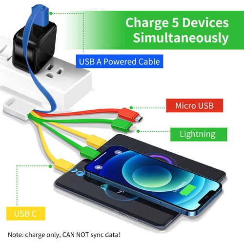 Multi Charging Cable (2-Pack) 6 in 1 Charger Cord for Multiple Devices Universal Charging Wire Lead with Lightning Type C Micro USB Connectors for Travel Fast Charge Electronics (Multi-Colored)
