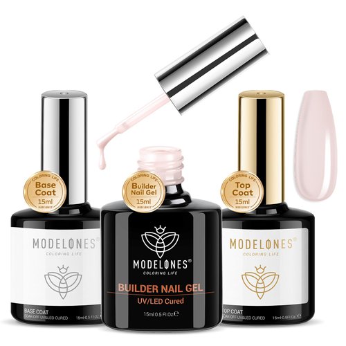modelones Builder Nail Gel with Gel Base and Top Coat, Nude Color Builder Nail Kit for Apex Building Nail Thickening Nail Extension, LED Nail Lamp Cured Hard Gel Color Base, Gift for Women