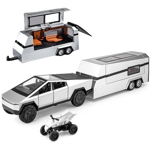 1/32 Pickup Truck and Trailer Toys with Light and Pull Back, Alloy Diecast Pickup Trailer RV Model Kit, Diecast Model Car Toy Truck and Trailer for Boys Adults as Birthday Gifts (Silver)