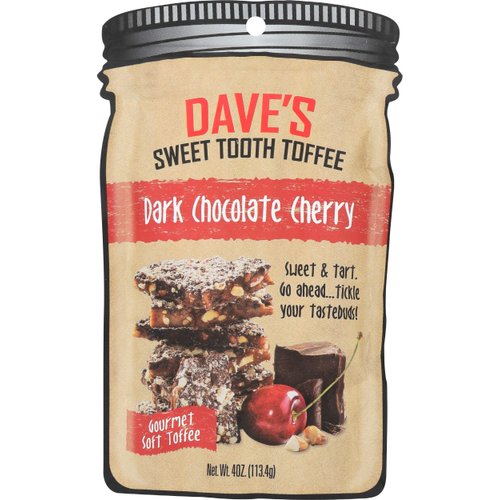 Dave's Sweet Tooth Toffee - Dark Chocolate Cherry Toffee (4 oz) - Handmade & Homemade Gourmet Soft Toffee with Real Butter, Real Sugar and Hand-Sliced Almonds, Naturally Gluten-Free