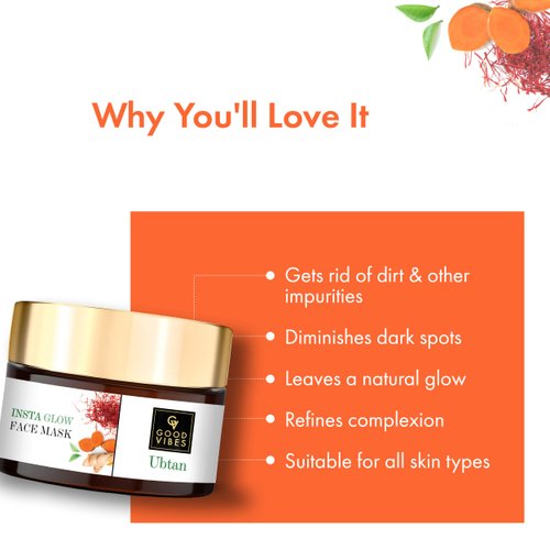 Good Vibes Ubtan Insta Glow Face Mask, 50 g | Cleansing, Smoothening Face Pack For All Skin Types | With Turmeric, Saffron, Sunflower Seed Oil | No Parabens, Sulphates & Mineral Oil