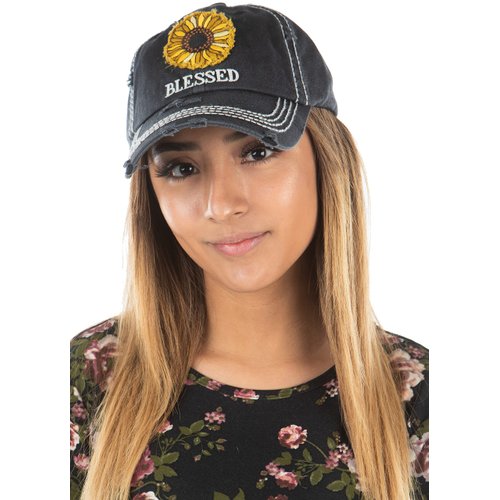 Funky Junque Womens Baseball Cap Distressed Vintage Unconstructed Embroidered Patch Hat (Blessed w/Sunflower - Onyx Black)