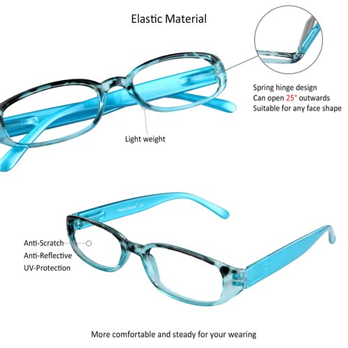 VisionGlobal 4 Pairs Reading Glasses with Spring Hinge, Blue Light Blocking Glasses for Women/Men (Blue,+1.00 Magnification)