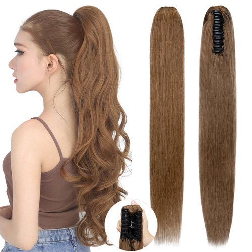 SEGO Pro Claw Clip Ponytail Extension Human Hair Long Straight Clip in Ponytail Hair Extensions Real Hair Ponytail Extension,14inch #6 Light Brown,105g