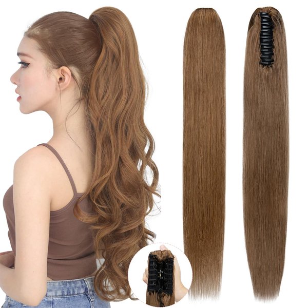 SEGO Pro Claw Clip Ponytail Extension Human Hair Long Straight Clip in Ponytail Hair Extensions Real Hair Ponytail Extension,14inch #6 Light Brown,105g