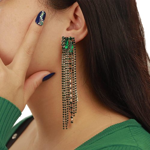 Kercisbeauty Vintage Emerald Green Beads Stud Earrings Long Chain Sparkle Jewelry for Women Girls Ladies (Green)