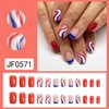 Independence Day Press on Nails，4th of July celebrate American Red Blue White Swirl Design Fake Nails,Patriotic French Tip False Nails for Women and Girls DIY Manicure Decorations 24 PCS