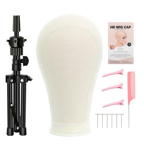 FUTAI 22 Inchs Canvas Mannequin Head with Stand Tripod HD Wig Cap T Pins Hair Rat Tail Comb Hairpin for Hairdresser Professional Female Practice Making Styling Dyeing Curling Display Human Hair Wig