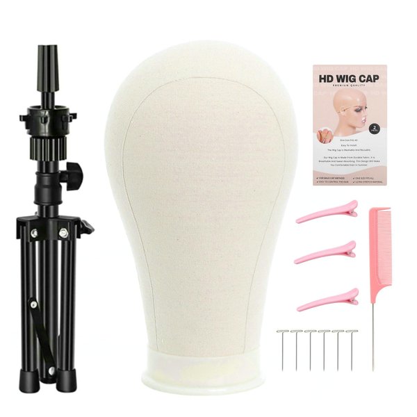 FUTAI 22 Inchs Canvas Mannequin Head with Stand Tripod HD Wig Cap T Pins Hair Rat Tail Comb Hairpin for Hairdresser Professional Female Practice Making Styling Dyeing Curling Display Human Hair Wig