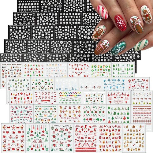 60Sheets Christmas Nail Art Stickers Christmas Snowflake Nail Stickers Santa Claus 3D Self-Adhesive Nail Decals with Xmas Tree Elk Deer Design Nail Art Supplies for Women Winter Manicure Decoration