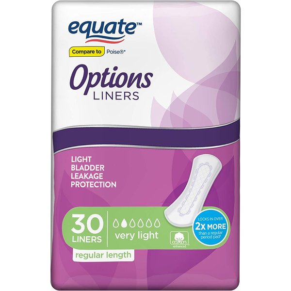 Equate Options Liners Light Bladder Leakage Protection, Regular Length Women's Incontinence Pads, Very Light Absorbency, 30 Count - 2 Pack (60 Total)