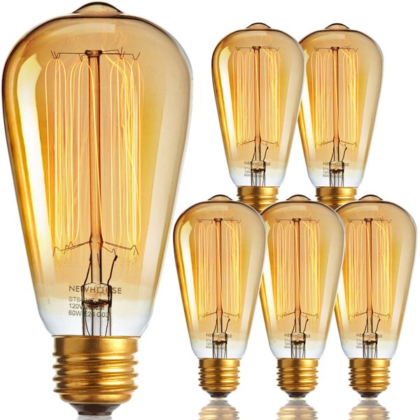 Newhouse Lighting ST64INC-6 ST64 Vintage Light Bulb 6-Pack Edison Bulbs-ST64 Style 60 Watts-Dimmable, Medium (E26) Standard Base E27-Squirrel Cage, 6-Pack, 2.7, Amber