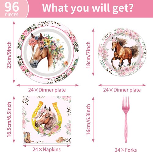 Horse Birthday Party Supplies Tableware - 96 Pcs Cowgirl Birthday Party Decorations, Horse Themed Party Paper Plates and Napkins Sets with Forks, Western Baby Shower Disposable Dinnerware, Serves 24