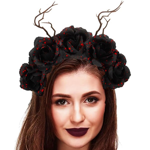 Firuilo Halloween Headband Black Antler Hair Band Rose Floral Hair Hoop Day of the Dead Head Hoop for Halloween Party Cosplay (Type A)